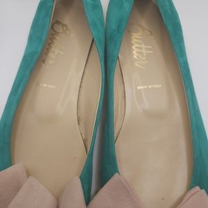 Butter Lavorazione Artigiana emerald green tan bow flats  10 Italy Vero cuolo